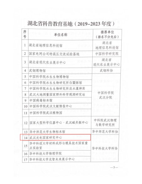 武汉光电国家研究中心入选“湖北省科普教育基地”